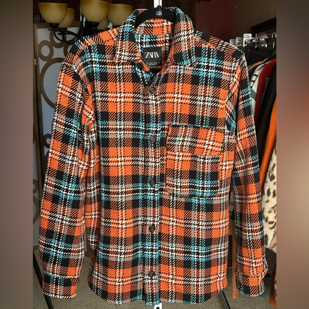 ZARA Plaid Shacket Jacket Small Orange Teal Blue Oversized Fall Layer
